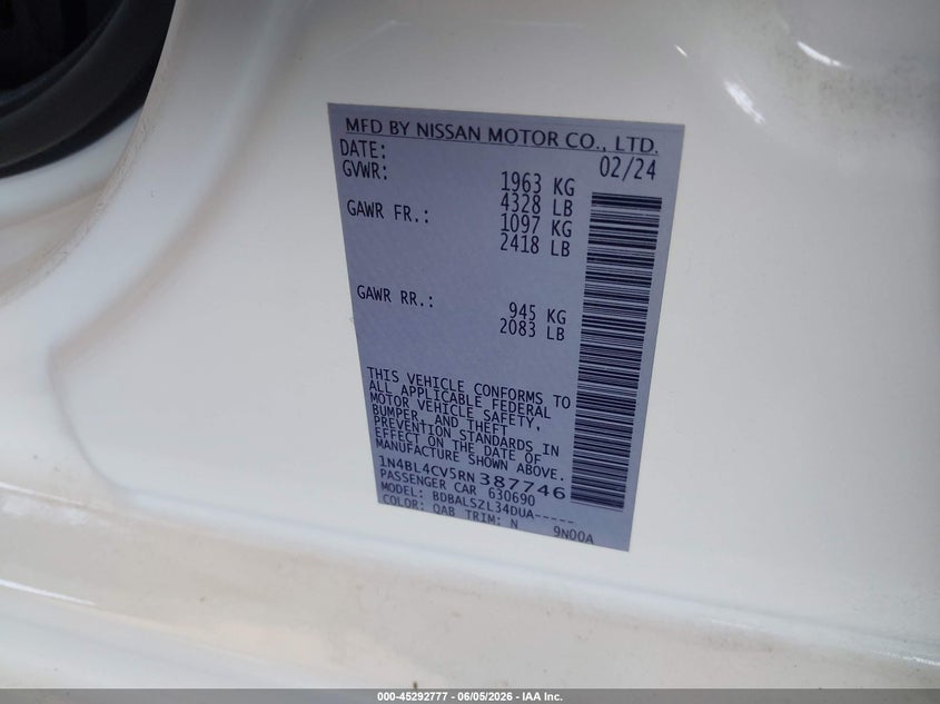 2024 NISSAN ALTIMA 2.5L I-4 DI, DOHC, V(VIN: 1N4BL4CV5RN387746