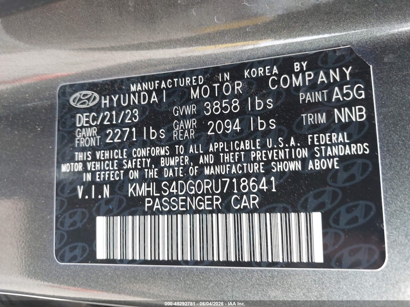 2024 Hyundai Elantra Sel VIN: KMHLS4DG0RU718641 Lot: 45292781