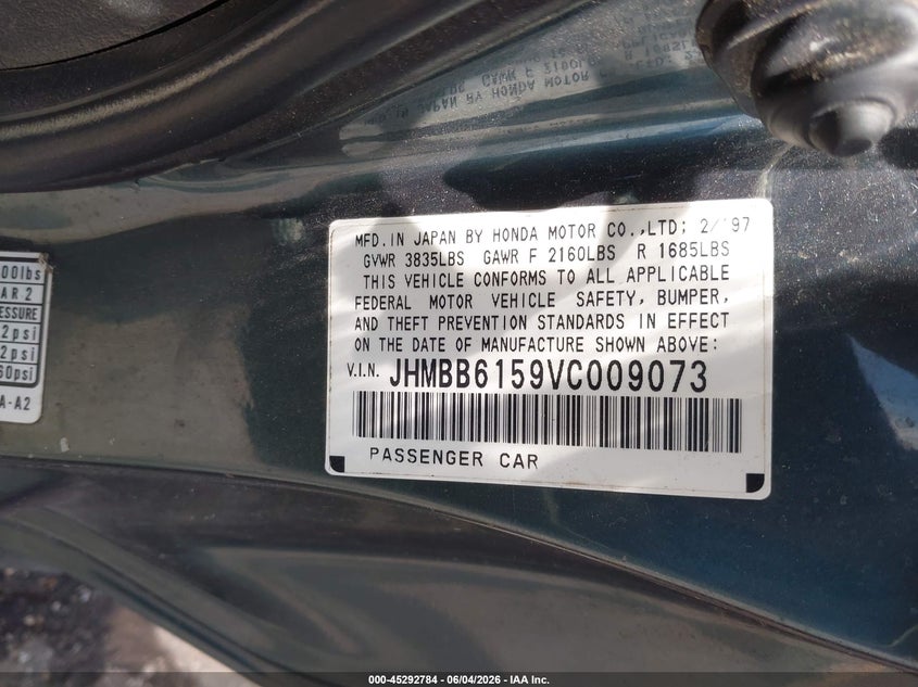 1997 Honda Prelude Sh VIN: JHMBB6159VC009073 Lot: 45292784