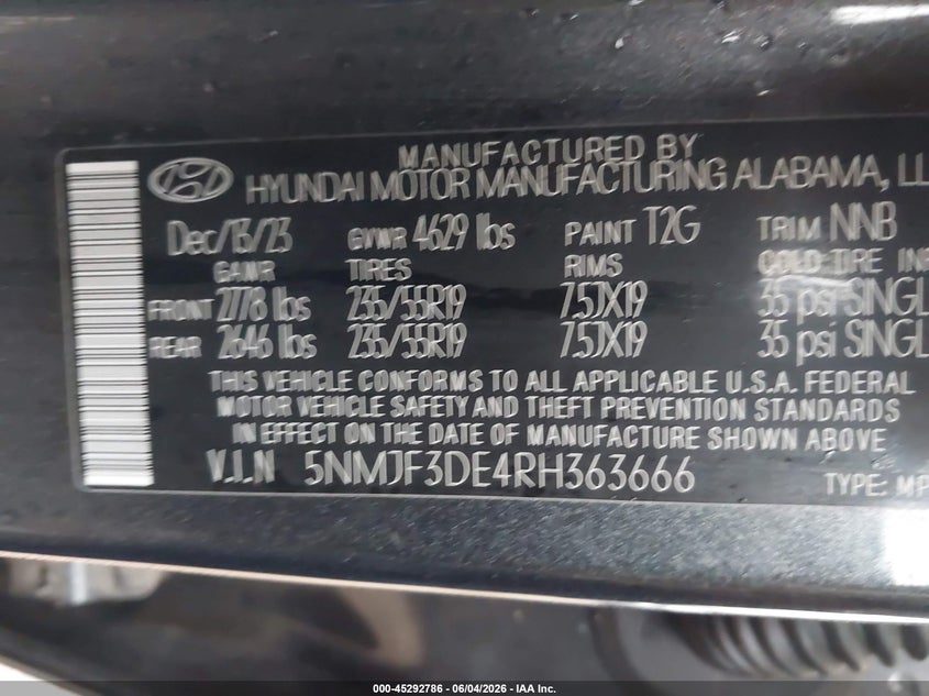 2024 Hyundai Tucson Sel VIN: 5NMJF3DE4RH363666 Lot: 45292786