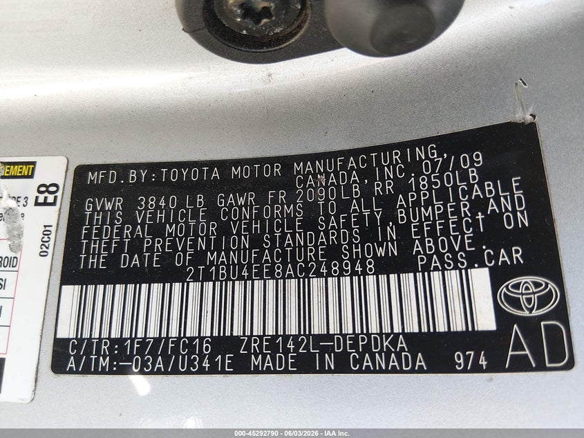 2010 Toyota Corolla Le VIN: 2T1BU4EE8AC248948 Lot: 45292790