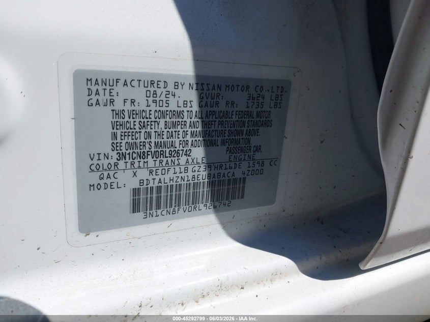2024 Nissan Versa 1.6 Sr VIN: 3N1CN8FV0RL926742 Lot: 45292799