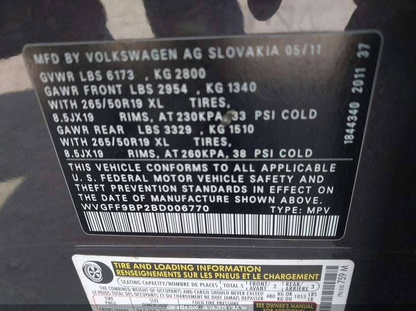 2011 Volkswagen Touareg Vr6 Lux VIN: WVGFF9BP2BD006770 Lot: 45292800