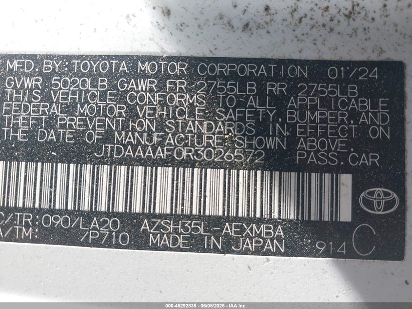 2024 TOYOTA CROWN 2.5L I-4 DI, DOHC, V(VIN: JTDAAAAF0R3026572