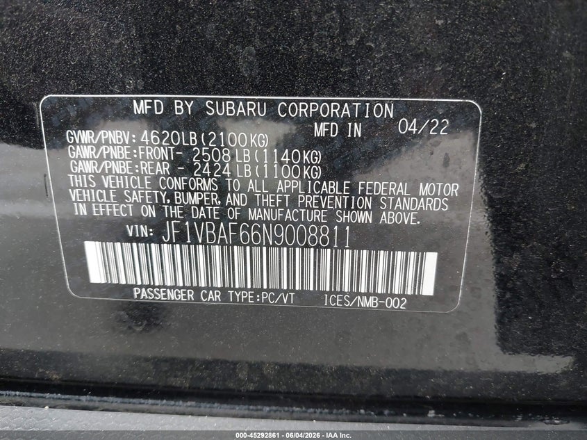 2022 Subaru Wrx Premium VIN: JF1VBAF66N9008811 Lot: 45292861