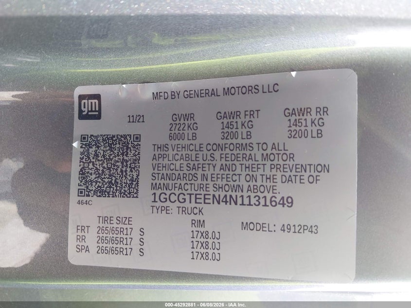 2022 CHEVROLET COLORADO 3.6L V-6 DI, DOHC, V(VIN: 1GCGTEEN4N1131649