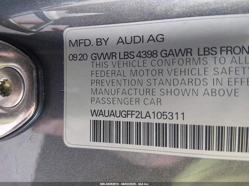 2020 Audi A3 Premium 40 Tfsi Front-Wheel Drive S Tronic VIN: WAUAUGFF2LA105311 Lot: 45292910