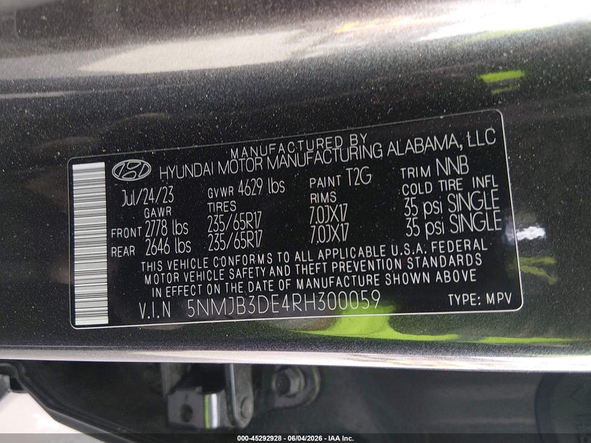 2024 Hyundai Tucson Sel VIN: 5NMJB3DE4RH300059 Lot: 45292928