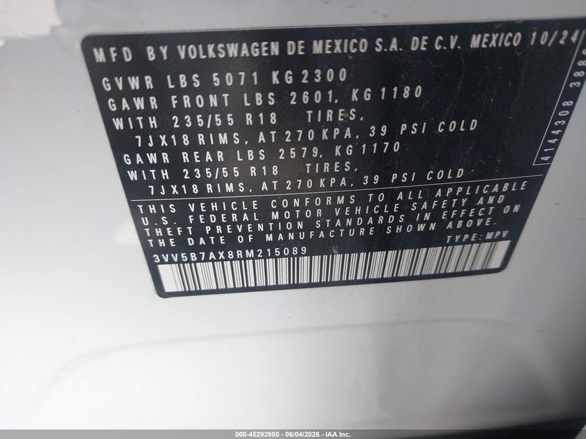 2024 Volkswagen Tiguan 2.0T Wolfsburg Edition VIN: 3VV5B7AX8RM215089 Lot: 45292950