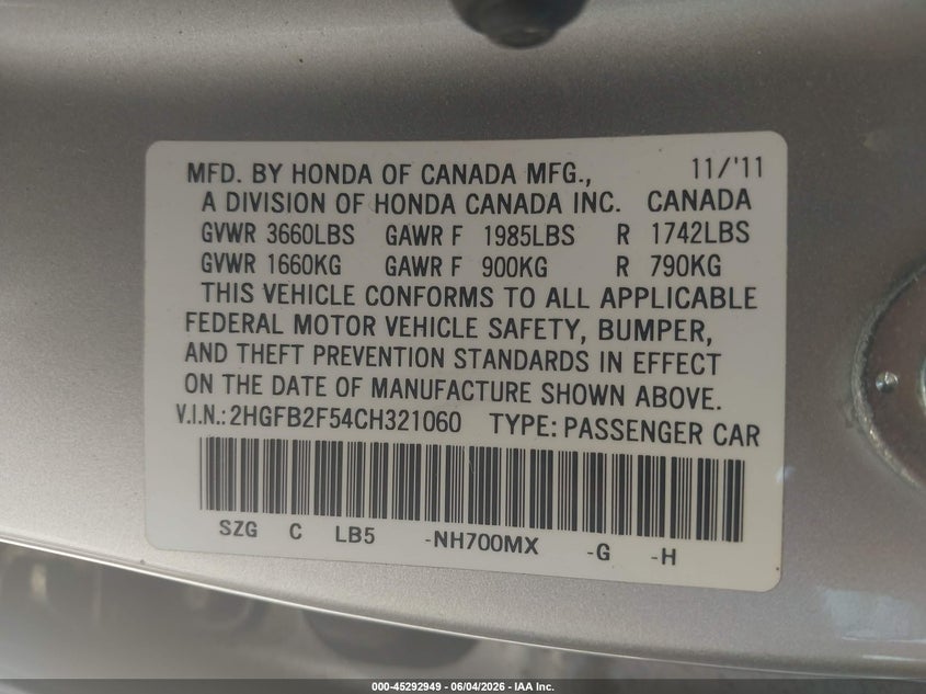 2012 Honda Civic Lx VIN: 2HGFB2F54CH321060 Lot: 45292949