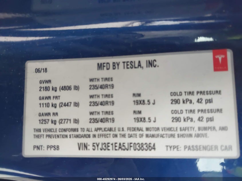 2018 Tesla Model 3 Long Range/Mid Range VIN: 5YJ3E1EA5JF038364 Lot: 45292974