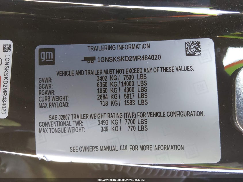 2021 Chevrolet Tahoe 4Wd Premier VIN: 1GNSKSKD2MR484020 Lot: 45293016