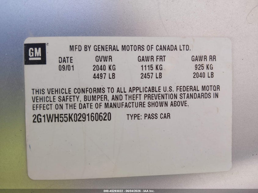 2002 Chevrolet Impala Ls VIN: 2G1WH55K029160620 Lot: 45293022
