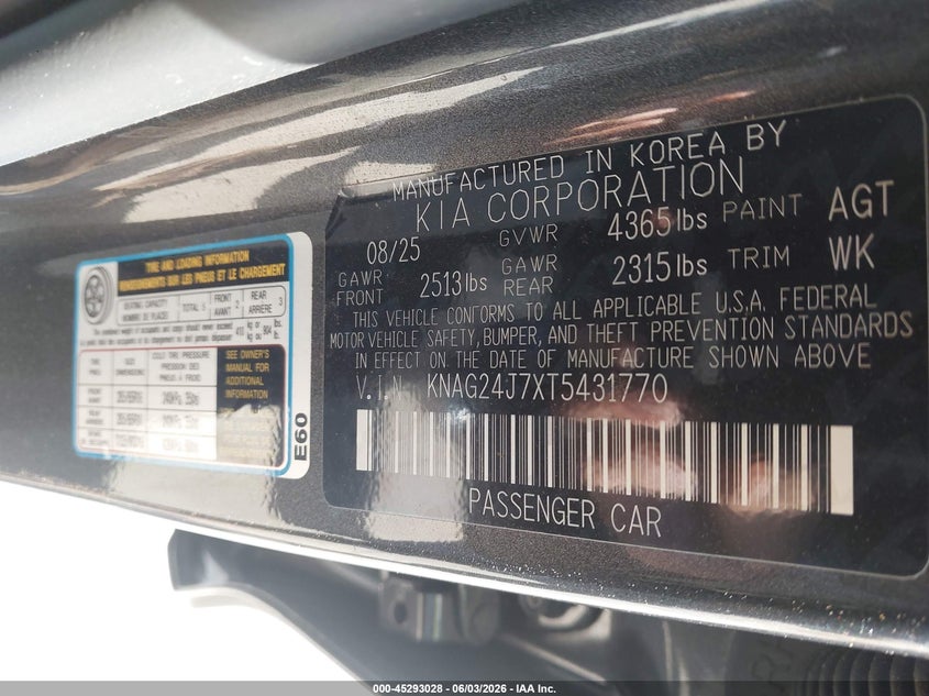 2026 Kia K5 Lxs Fwd VIN: KNAG24J7XT5431770 Lot: 45293028