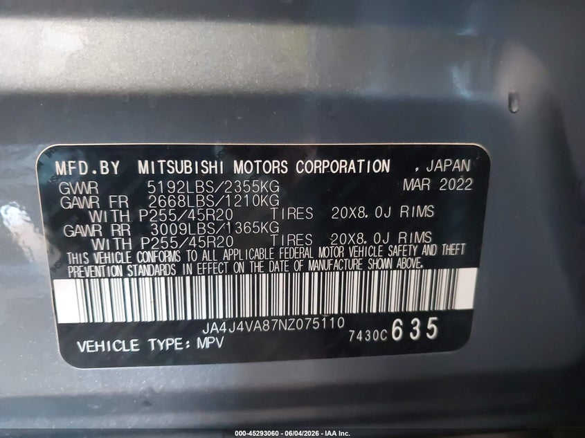 2022 Mitsubishi Outlander Sel 2.5 S-Awc/Sel Launch Edition S-Awc/Sel Special Edition S-Awc VIN: JA4J4VA87NZ075110 Lot: 45293060