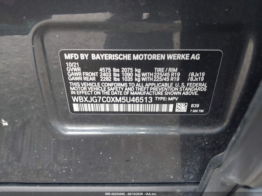 2021 BMW X1 Sdrive28I VIN: WBXJG7C0XM5U46513 Lot: 45293065
