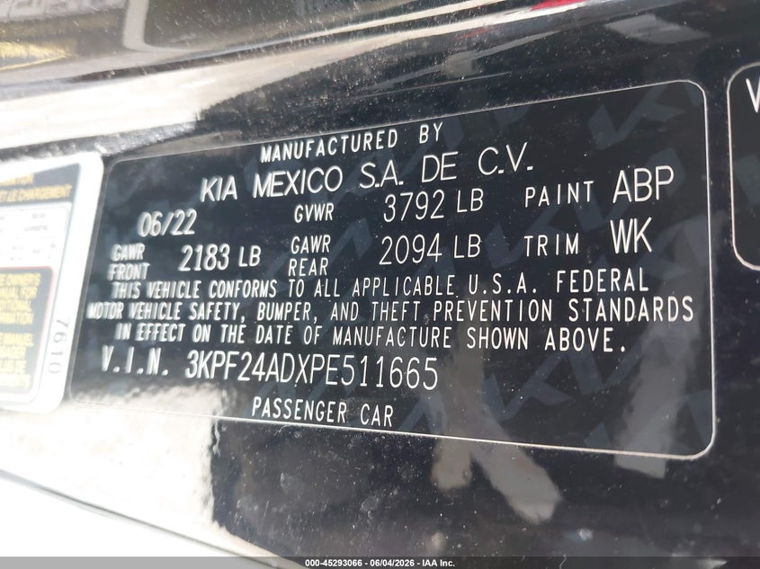 2023 Kia Forte Lxs VIN: 3KPF24ADXPE511665 Lot: 45293066