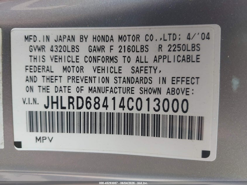 2004 HONDA CR-V SPORT UTILITY VEHICLE 2.4L I-4 DOHC, VVT, 160HP