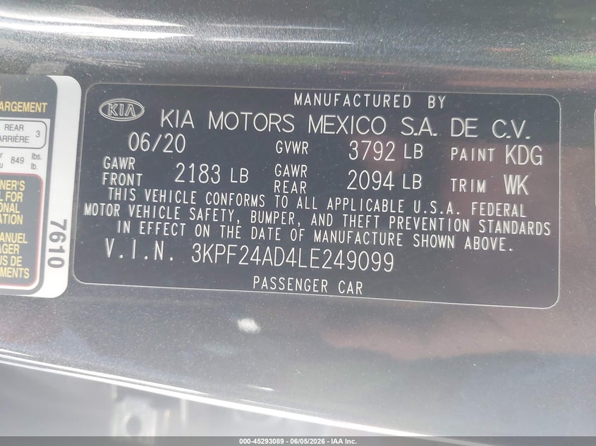 2020 Kia Forte Lxs VIN: 3KPF24AD4LE249099 Lot: 45293089