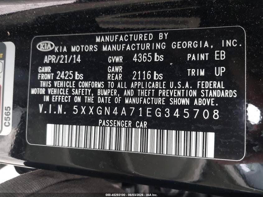 2014 Kia Optima Ex VIN: 5XXGN4A71EG345708 Lot: 45293100