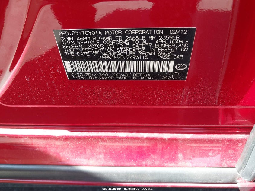 2012 Lexus Es 350 VIN: JTHBK1EG5C2493115 Lot: 45293101