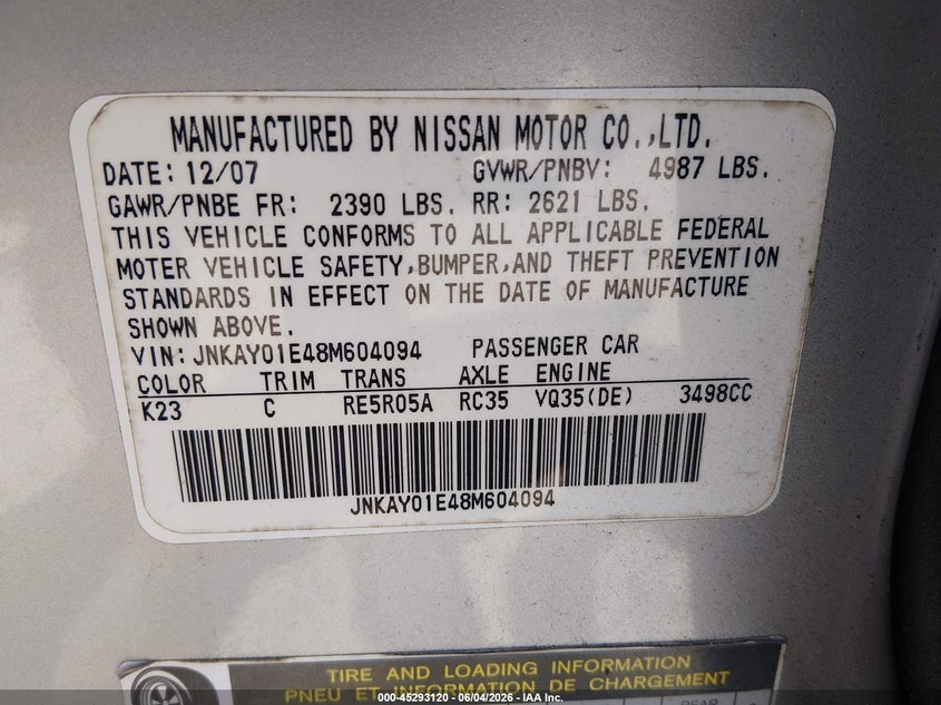 2008 Infiniti M35 VIN: JNKAY01E48M604094 Lot: 45293120