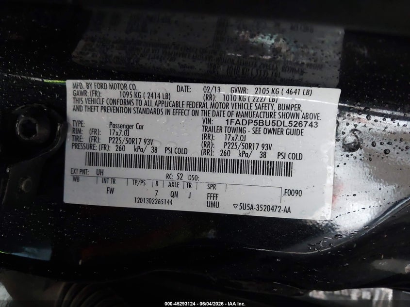 2013 Ford C-Max Hybrid Sel VIN: 1FADP5BU5DL526743 Lot: 45293124