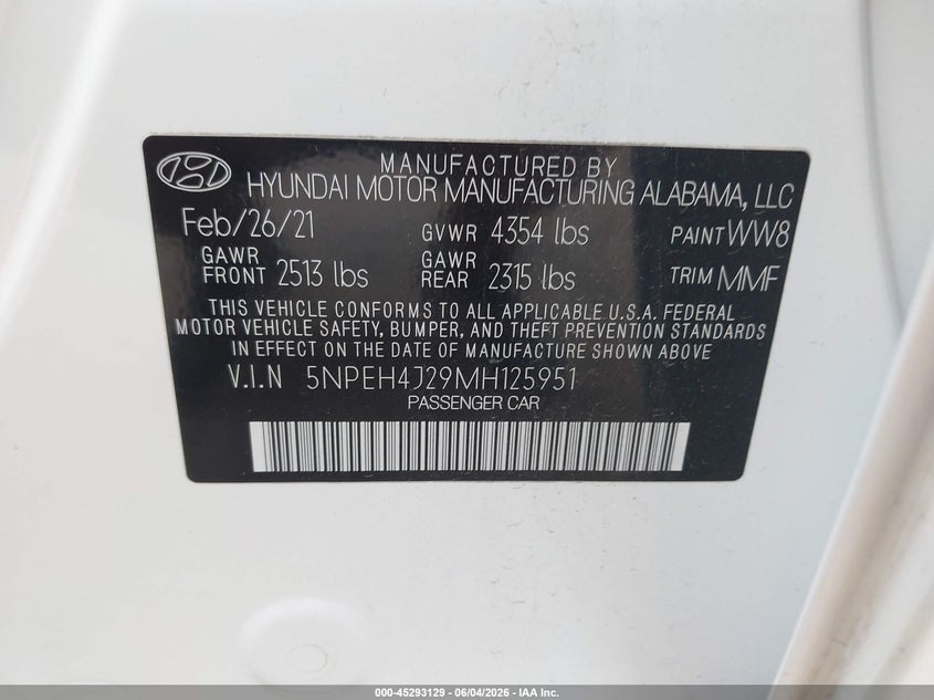 2021 Hyundai Sonata Limited VIN: 5NPEH4J29MH125951 Lot: 45293129