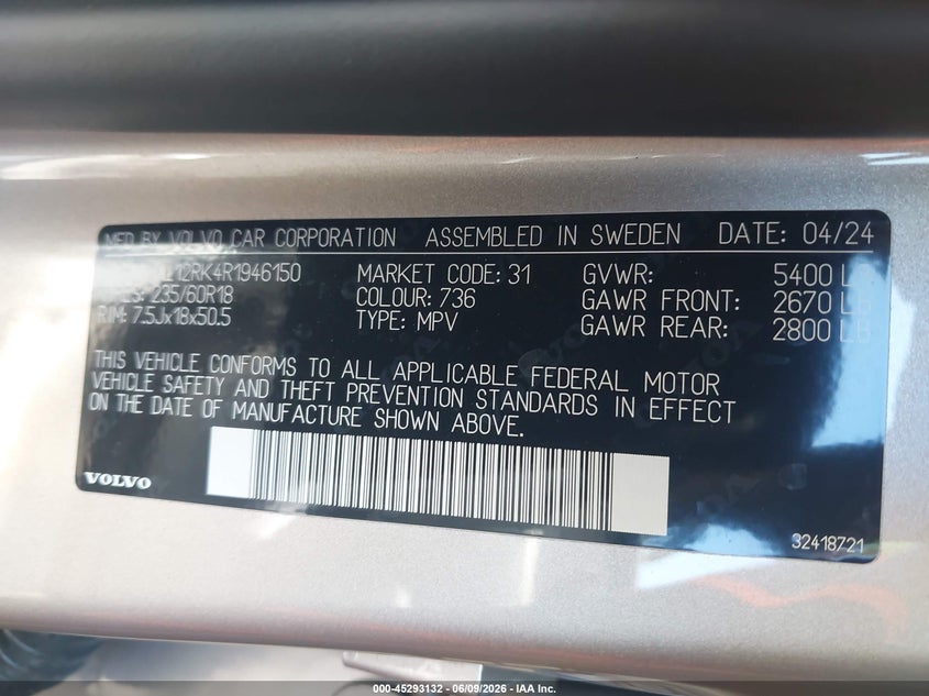 2024 VOLVO XC60 2.0L I-4 DI, DOHC, V(VIN: YV4L12RK4R1946150
