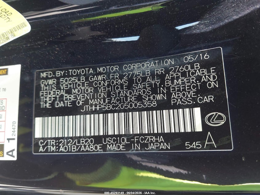 2016 Lexus Rc F VIN: JTHHP5BC2G5005358 Lot: 45293149
