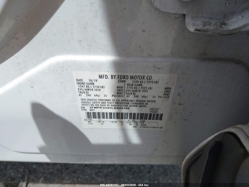 2020 Ford Edge Se VIN: 2FMPK3G95LBA06180 Lot: 45293167