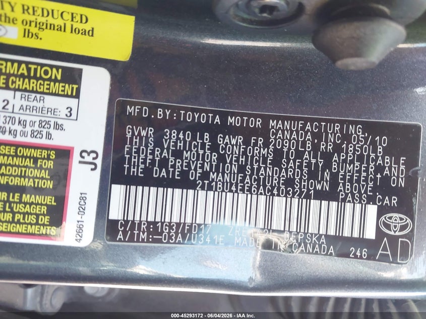 2010 Toyota Corolla S VIN: 2T1BU4EE6AC403271 Lot: 45293172