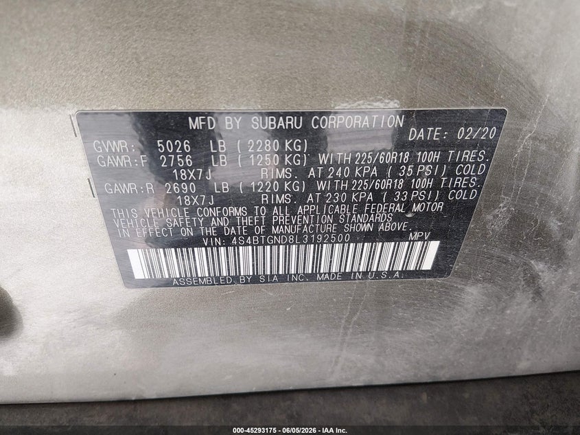 2020 SUBARU OUTBACK 2.4L H-4 DI, DOHC, V(VIN: 4S4BTGND8L3192500