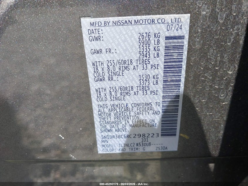 2024 Nissan Pathfinder Sv 4Wd VIN: 5N1DR3BC6RC298223 Lot: 45293179