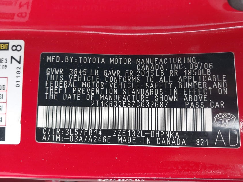2007 Toyota Matrix Xr VIN: 2T1KR32E87C632687 Lot: 45293191