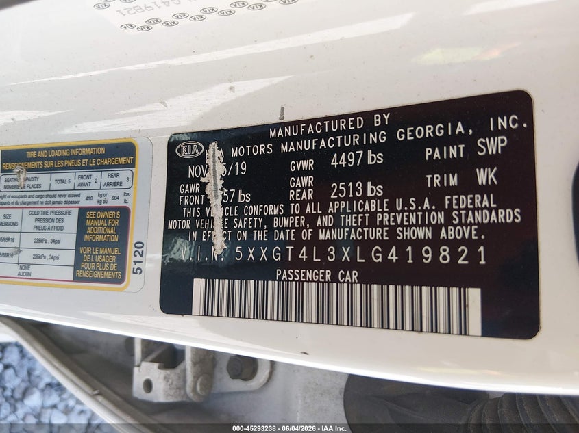 2020 Kia Optima Lx VIN: 5XXGT4L3XLG419821 Lot: 45293238