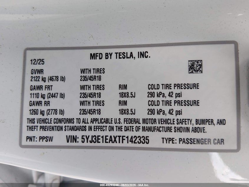 2026 Tesla Model 3 Premium Rear-Wheel Drive/Rear-Wheel Drive VIN: 5YJ3E1EAXTF142335 Lot: 45293246