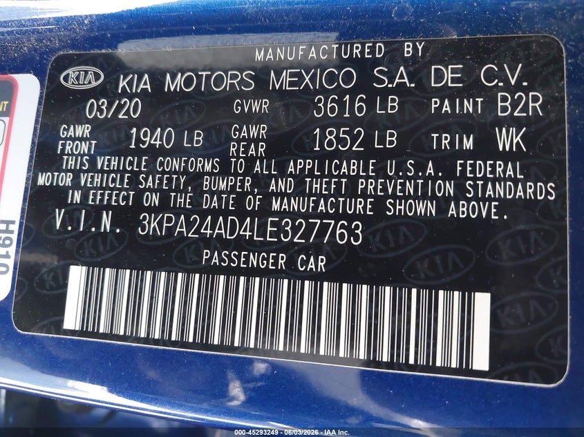 2020 Kia Rio S VIN: 3KPA24AD4LE327763 Lot: 45293249