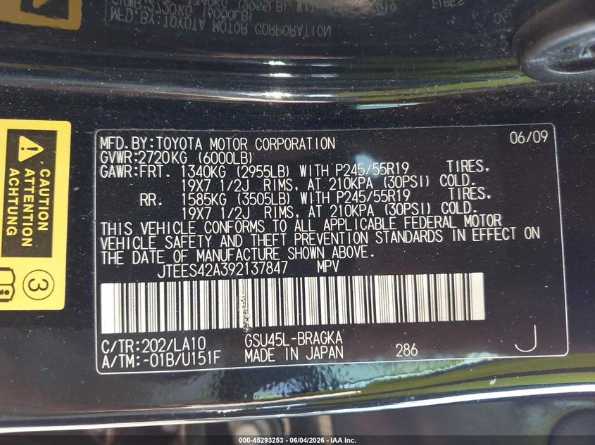 2009 Toyota Highlander Limited VIN: JTEES42A392137847 Lot: 45293253