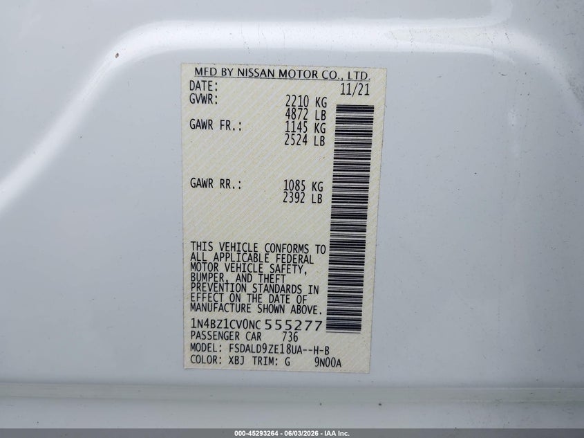 2022 Nissan Leaf Sv Plus 62 Kwh VIN: 1N4BZ1CV0NC555277 Lot: 45293264
