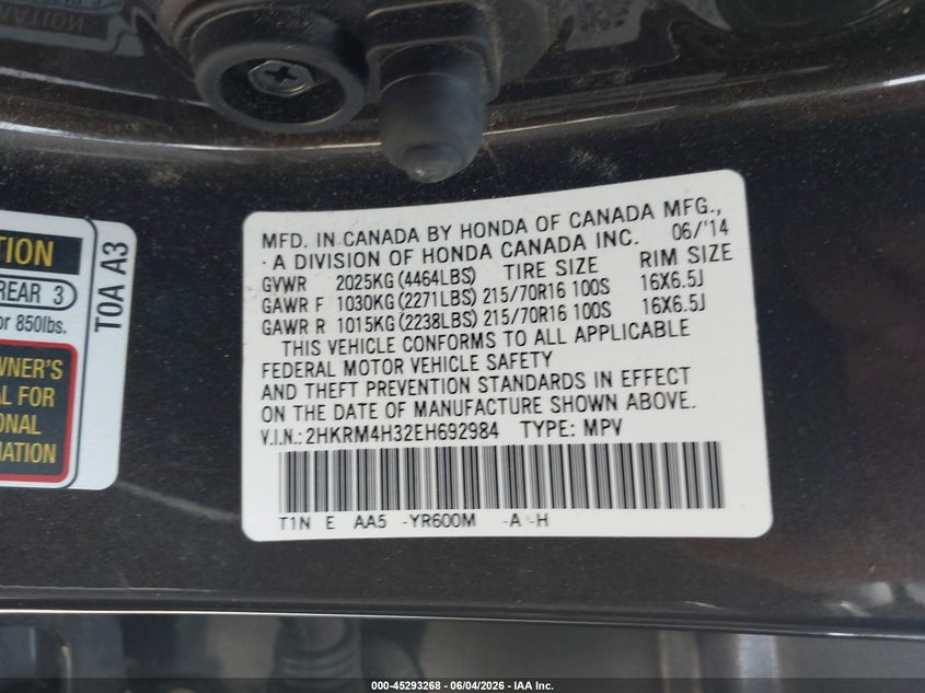 2014 Honda Cr-V Lx VIN: 2HKRM4H32EH692984 Lot: 45293268