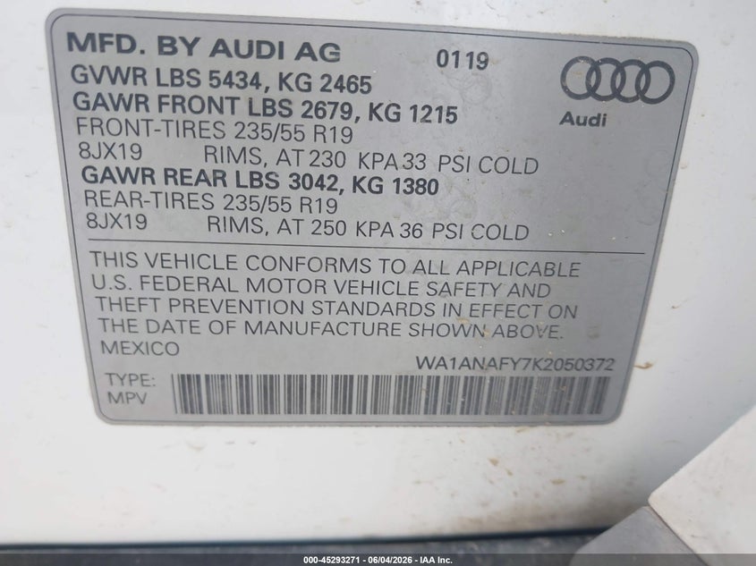 2019 Audi Q5 45 Premium VIN: WA1ANAFY7K2050372 Lot: 45293271