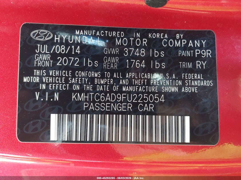 2015 Hyundai Veloster VIN: KMHTC6AD9FU225054 Lot: 45293285