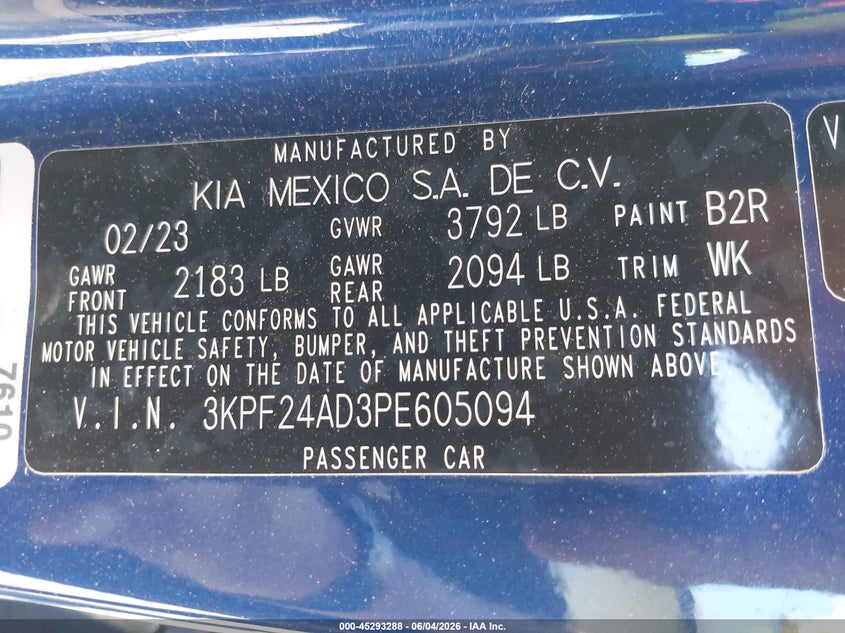2023 Kia Forte Lxs VIN: 3KPF24AD3PE605094 Lot: 45293288
