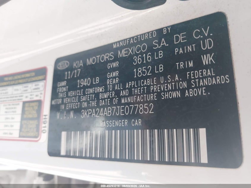 2018 Kia Rio S VIN: 3KPA24AB7JE077852 Lot: 45293316