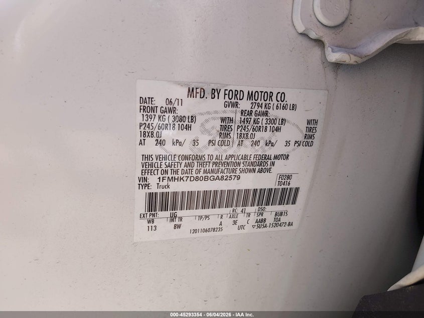 2011 Ford Explorer Xlt VIN: 1FMHK7D80BGA82579 Lot: 45293354