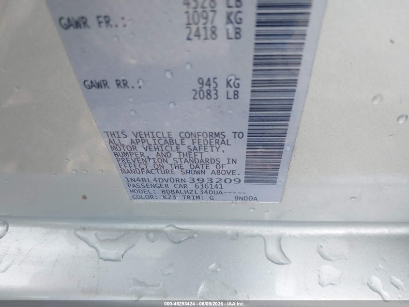 2024 NISSAN ALTIMA 2.5L I-4 DI, DOHC, V(VIN: 1N4BL4DV0RN393209