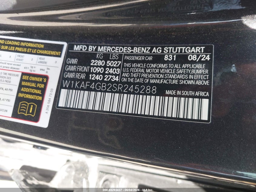 2025 Mercedes-Benz C 300 VIN: W1KAF4GB2SR245288 Lot: 45293437