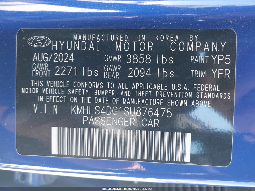 2025 Hyundai Elantra Sel Convenience VIN: KMHLS4DG1SU876475 Lot: 45293444