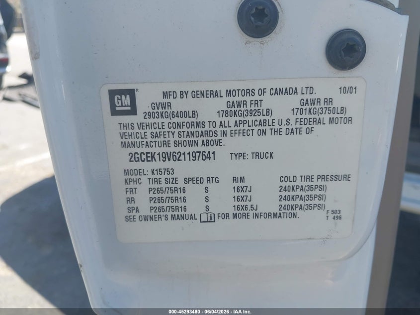 2002 Chevrolet Silverado 1500 Ls VIN: 2GCEK19V621197641 Lot: 45293480